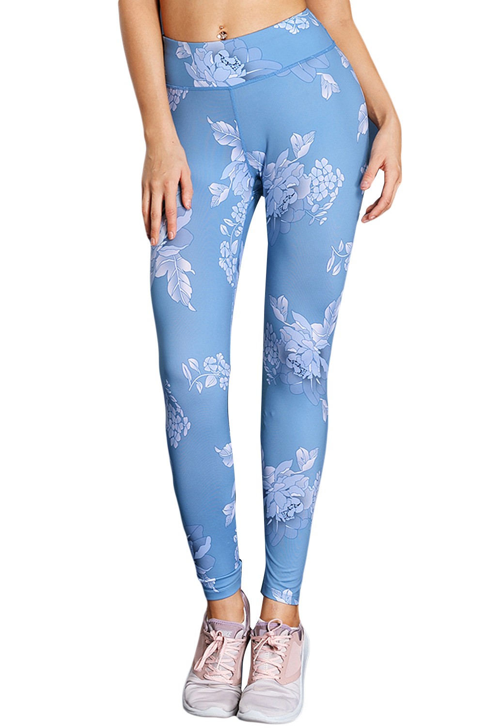 Blue High Waisted White Pattern Detail Stylish Leggings