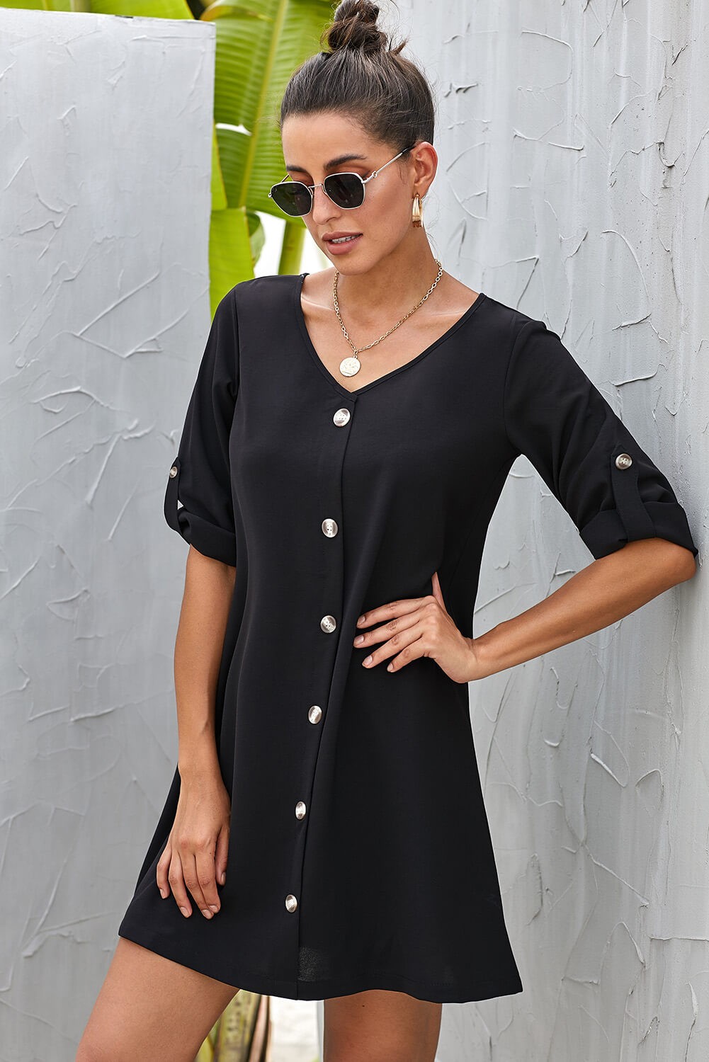 Black V Neck Button Front Roll up Tab Sleeve Dress