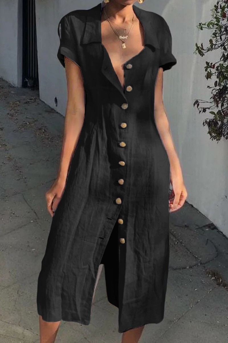 Black Summer Buttoned Casual Shirt Maxi Dress