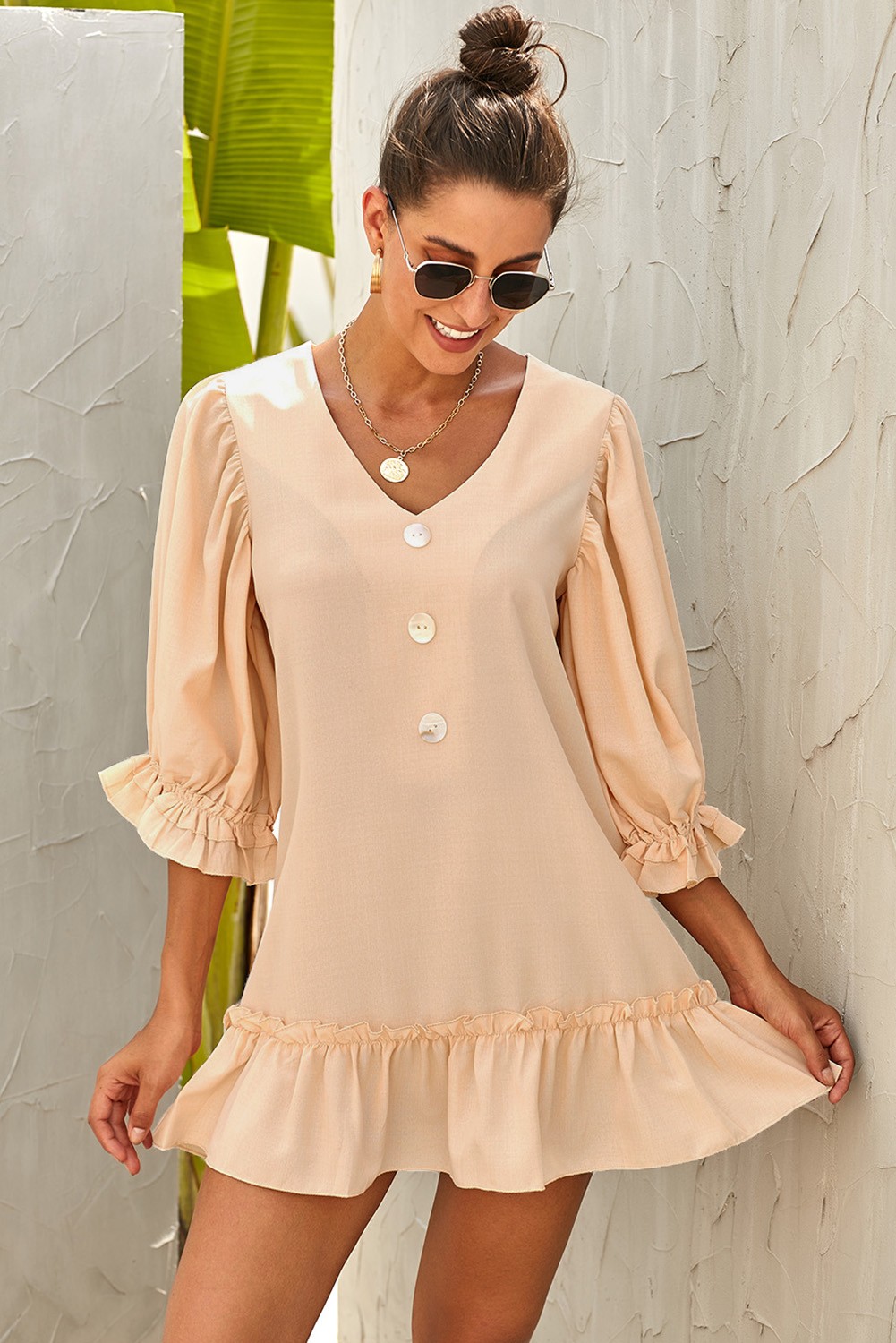 Beige Casual Loose V Neck Short Swing Dress