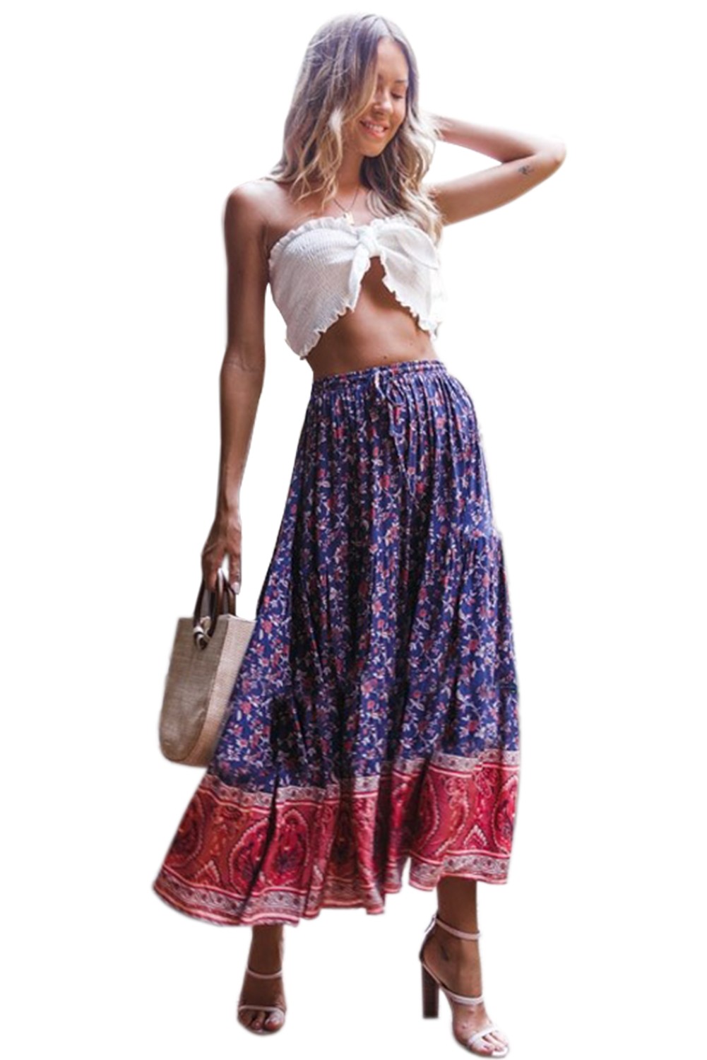 Blue Elastic Waist Floral Maxi Skirt
