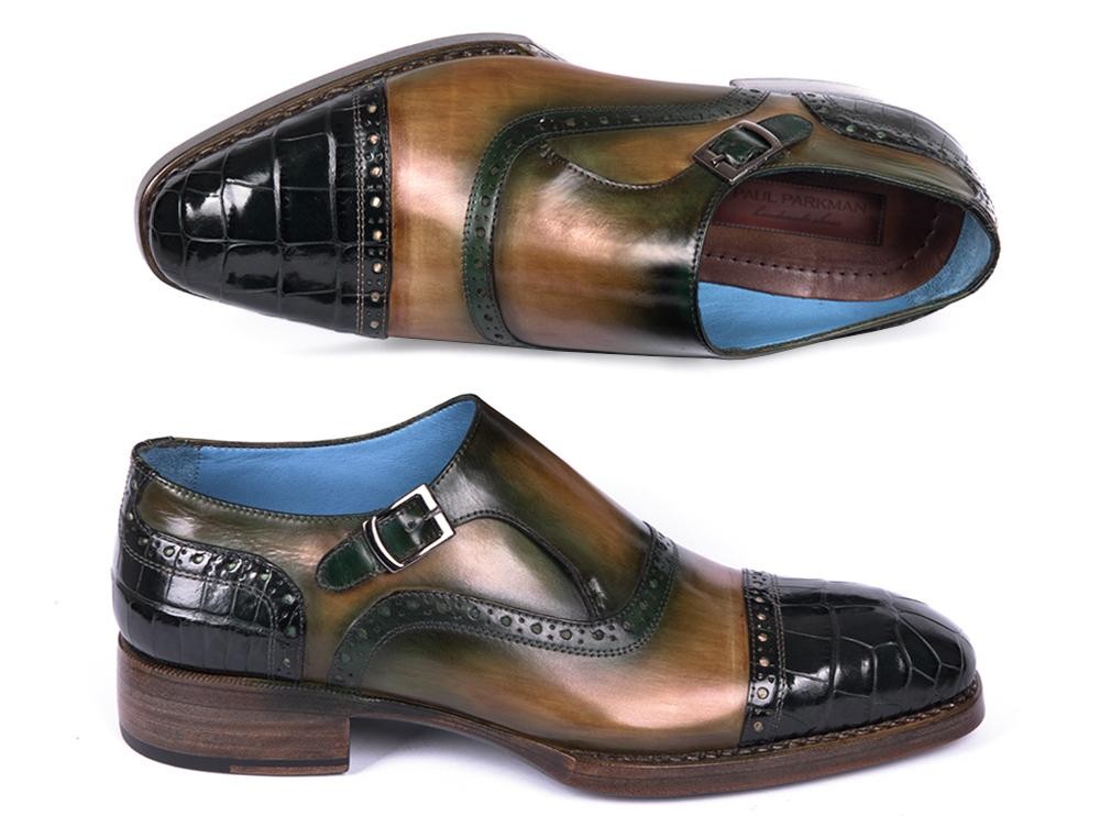 Paul Parkman Green Genuine Crocodile & Calfskin Captoe Monkstrap Shoes (ID#899-GRN)