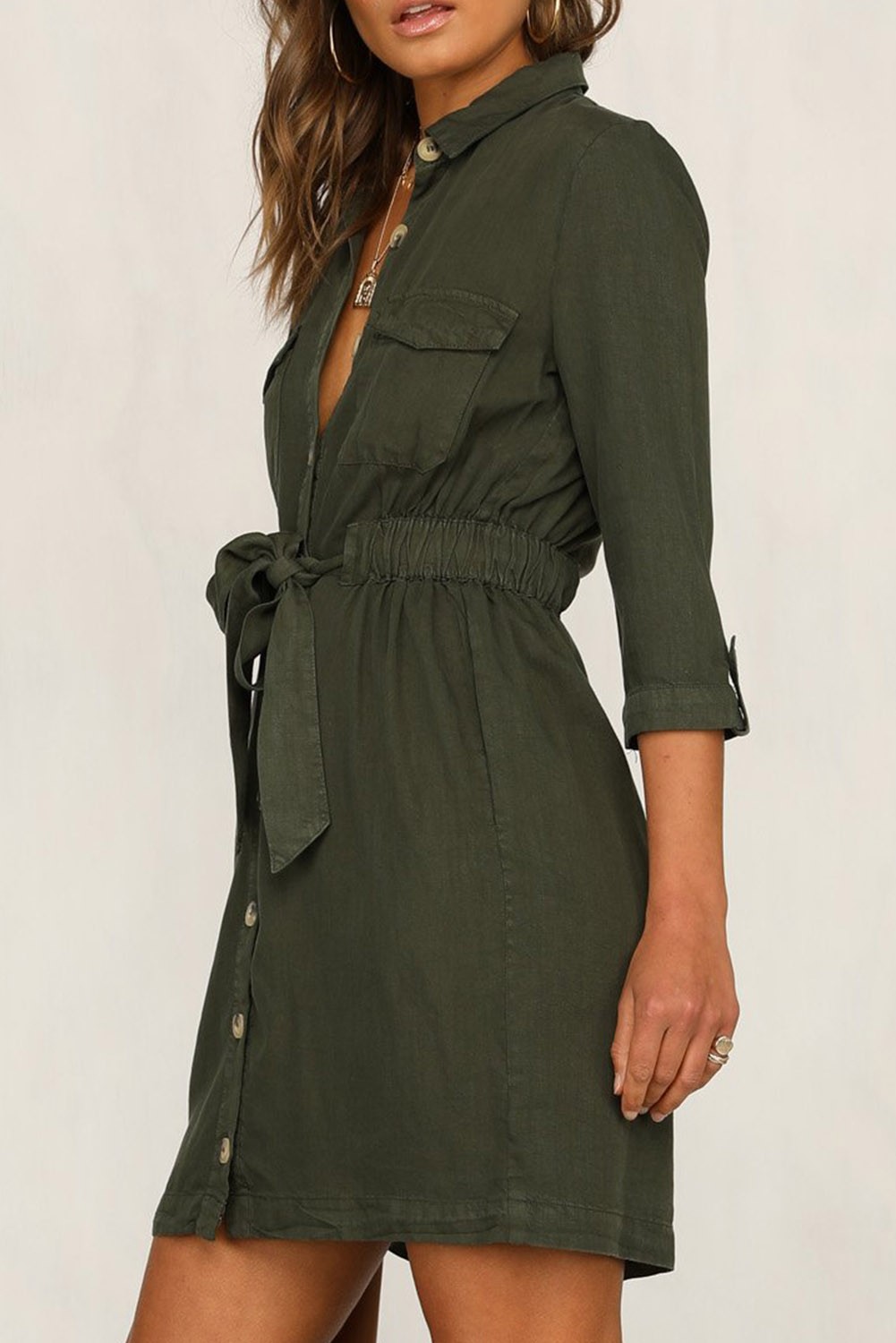 Green Seeker Belted Shirt Dress