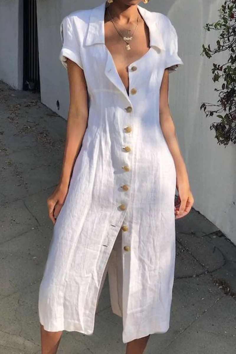 White Summer Buttoned Casual Shirt Maxi Dress