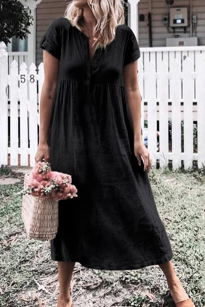 Black Solid Button Deep V-Neck Casual Dress