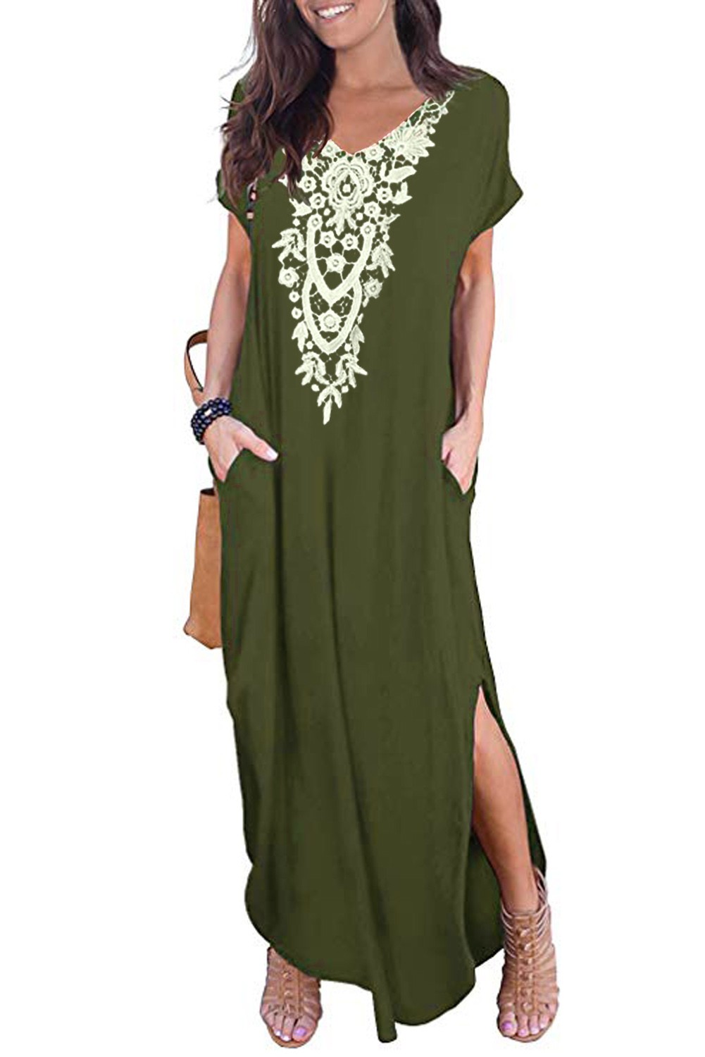 Green Lace Front Pocket Short Sleeve Split Casual Loose Maxi Dress