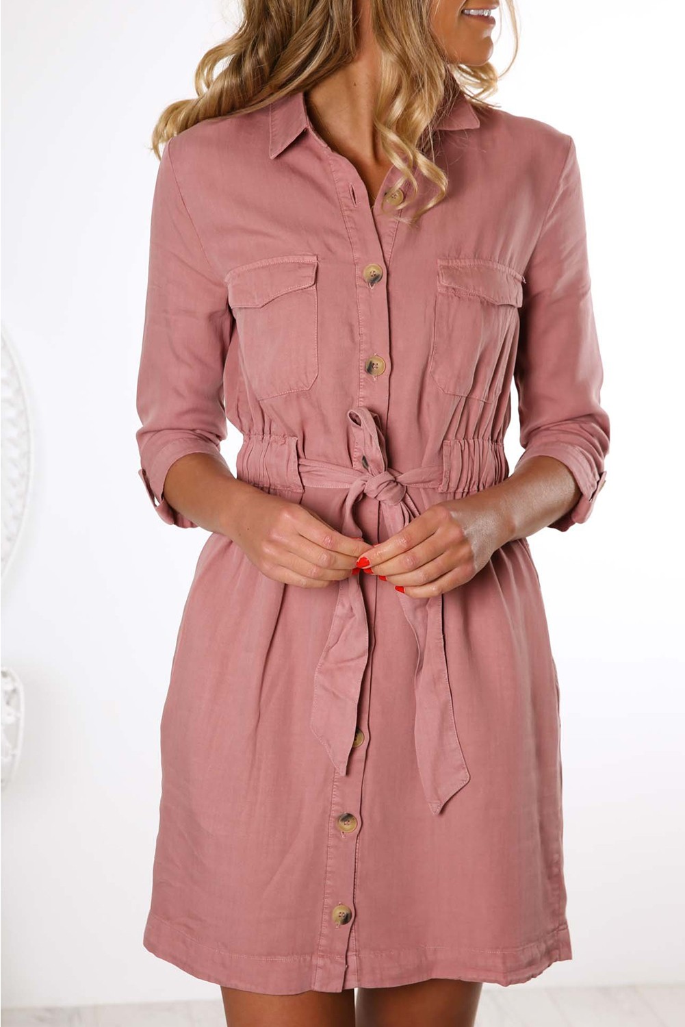 Pink Seeker Belted Shirt Dress