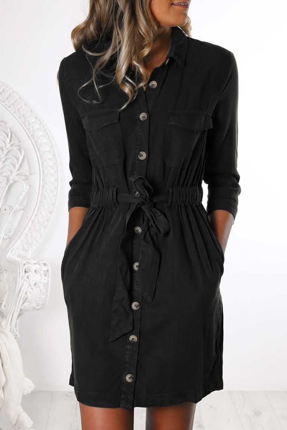 Black Seeker Belted Shirt Dress