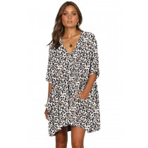 White Leopard Print V Neck Button Half Sleeves Swing Dress