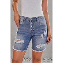 Blue Button Front Distressed Shorts