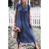 Blue Solid Button Deep V-Neck Casual Dress