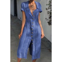 Blue Summer Buttoned Casual Shirt Maxi Dress