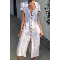 White Summer Buttoned Casual Shirt Maxi Dress