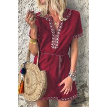 Red Summer Boho Embroidered V Neck Short Sleeve Casual Mini Dress