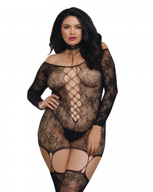 AIS Dreamgirl Women's Plus Size Lace Patterned Knit Garter Dress with Stockings 0318X