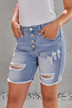 Sky Blue Button Front Distressed Shorts