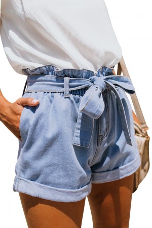 Light Blue Paper Bag Waist Denim Shorts