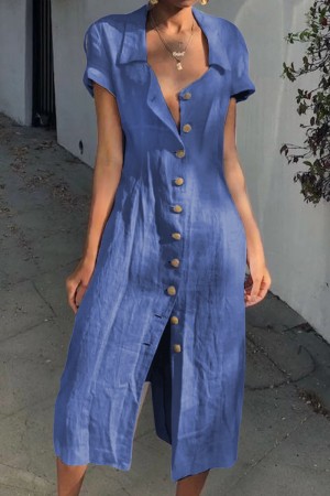 Blue Summer Buttoned Casual Shirt Maxi Dress