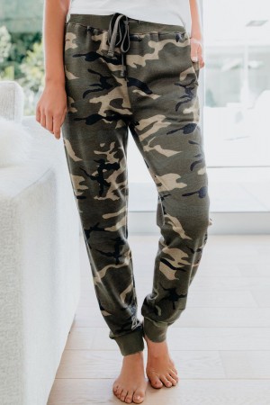 Green Cotton Blend Pocketed Camo Joggers