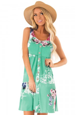 Green Floral Print Sleeveless Button up Dress